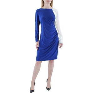 Kasper Womens Colorblocked Knee Wear to Work Dress Royal Blue/White XS